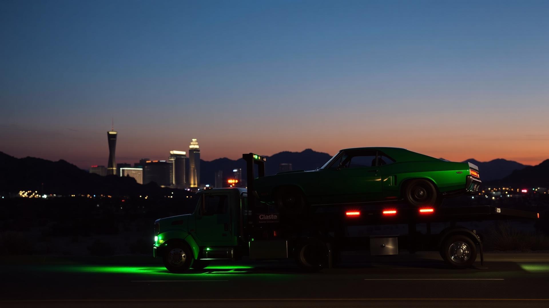 Cash for cars Las Vegas tow truck loading muscle car at sunset